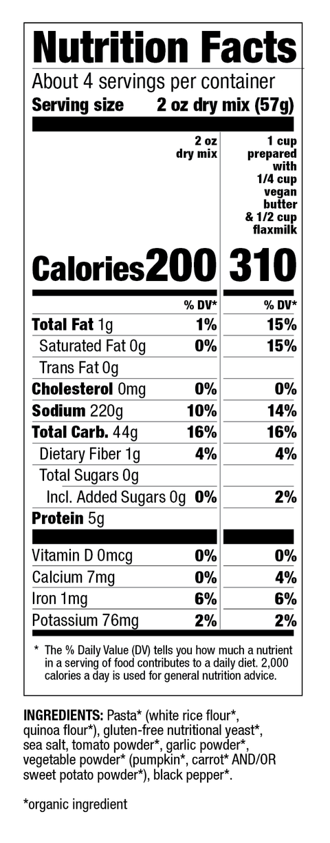 Nutrition facts from creamy mac label