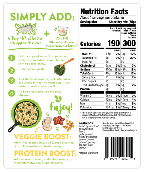 Nutrition facts and label from the back of Creamy Garlic packaging.