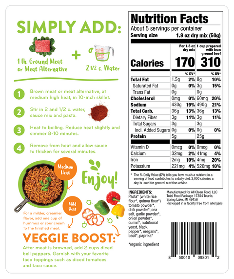 view of back of packaging, including nutrition facts and cooking instructions
